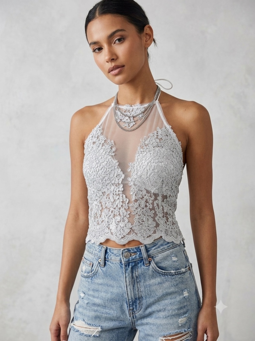 NWT Luxe Fashion Silver Lace Halter Top Size 10 Fits Like XS - See Measurements